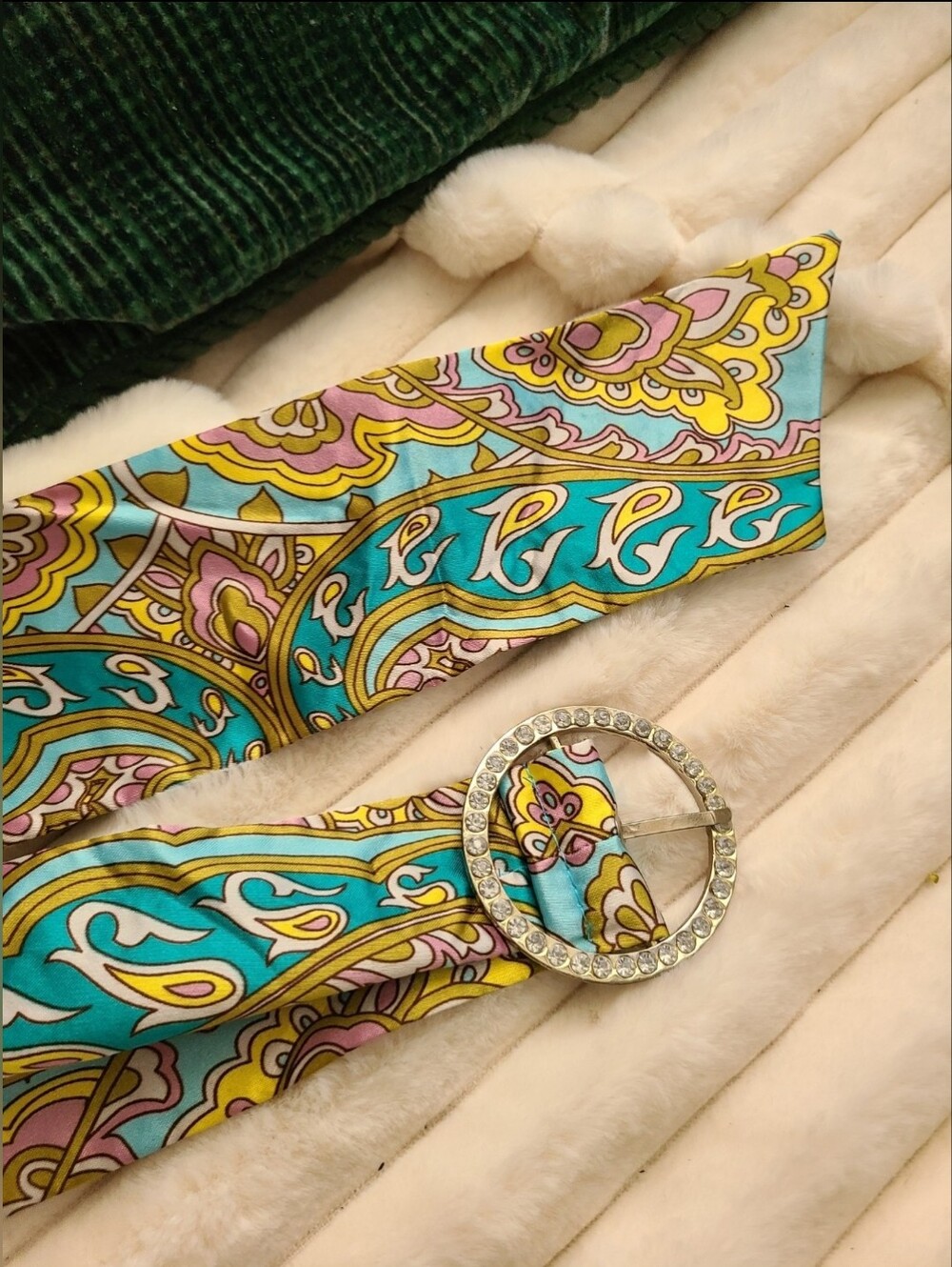 Vintage Turquoise Paisley Silk Scarf Belt w/Rhinestone Buckle. Child/Teen/Adult